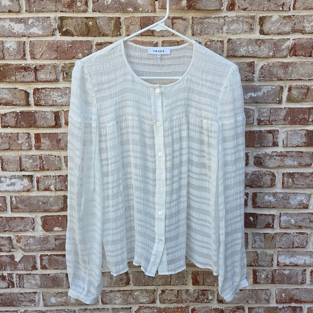Frame Button Balloon Sleeve Shirred Blouse Airy Near-White Women Ethereal SP